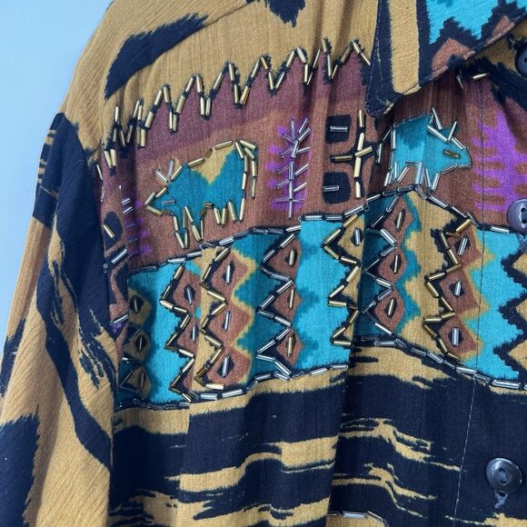 VTG Jane Ashley Gauze Top Blouse Button 3/4 Sleeves Beaded Western Aztec Artwear - Picture 11 of 15